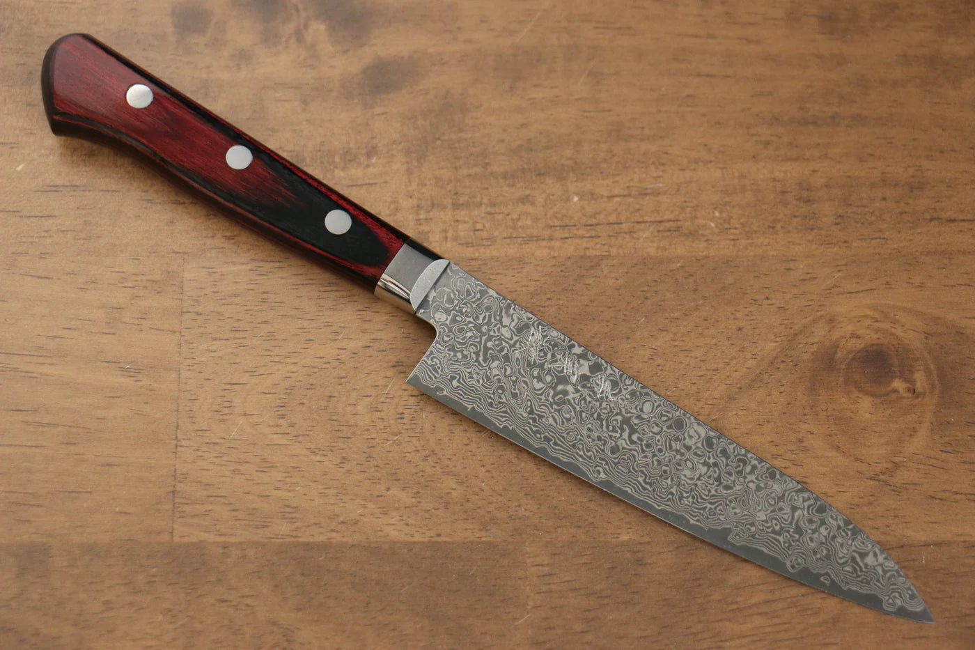 Yoshimi Kato VG10 ดามัสกัส มีดขนาดเล็ก Petty มีดทำครัวญี่ปุ่น 120mm ด้ามไม้ Pakka wood สีแดง