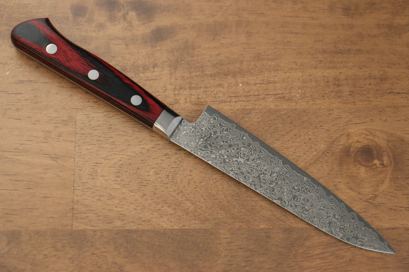 Yoshimi Kato VG10 ดามัสกัส มีดขนาดเล็ก Petty มีดทำครัวญี่ปุ่น 120mm ด้ามไม้ Pakka wood สีแดง
