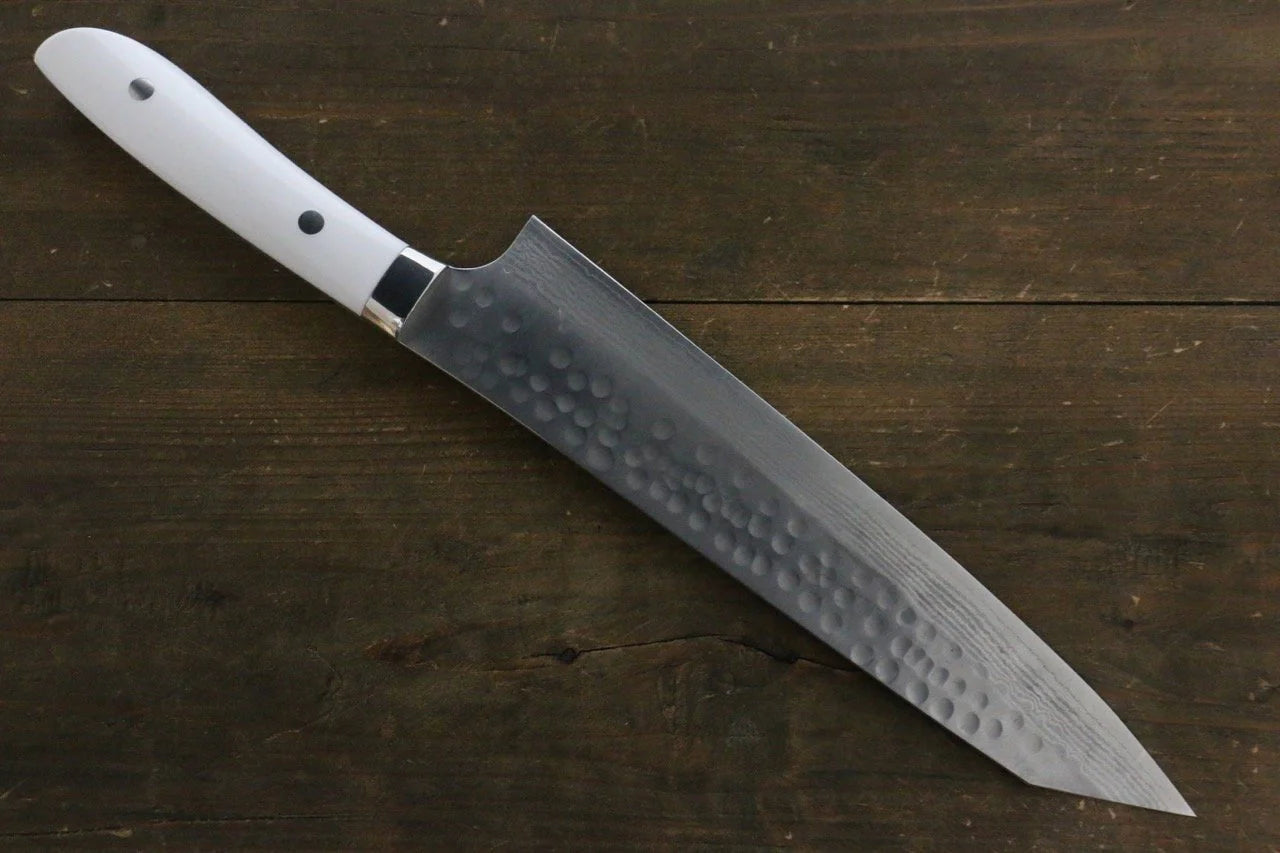 Takeshi Saji SRS13 ดามัสกัส ลายค้อนตี มีด Kengata Gyuto มีดทำครัวญี่ปุ่น 240mm ด้ามหินสีขาว