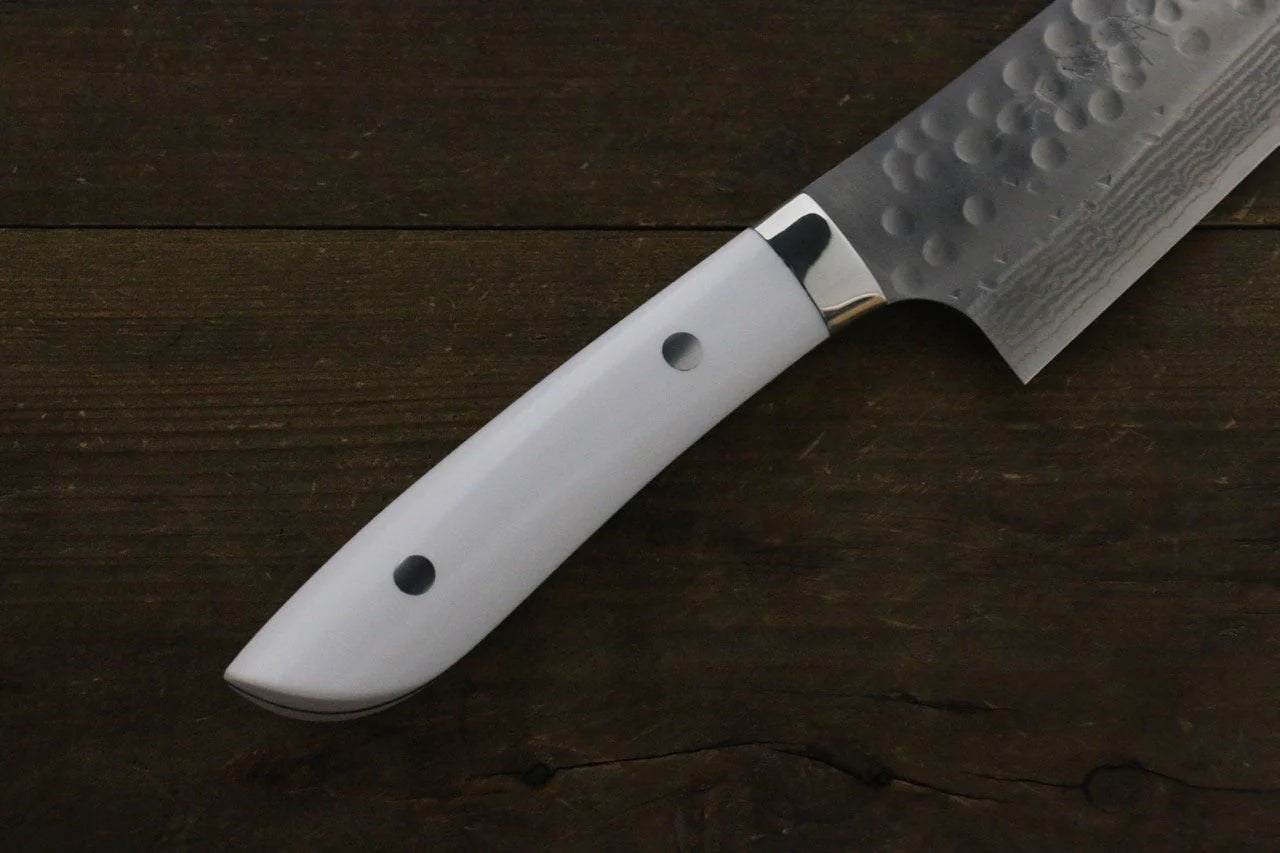 Takeshi Saji SRS13 ดามัสกัส ลายค้อนตี มีด Kengata Gyuto มีดทำครัวญี่ปุ่น 240mm ด้ามหินสีขาว