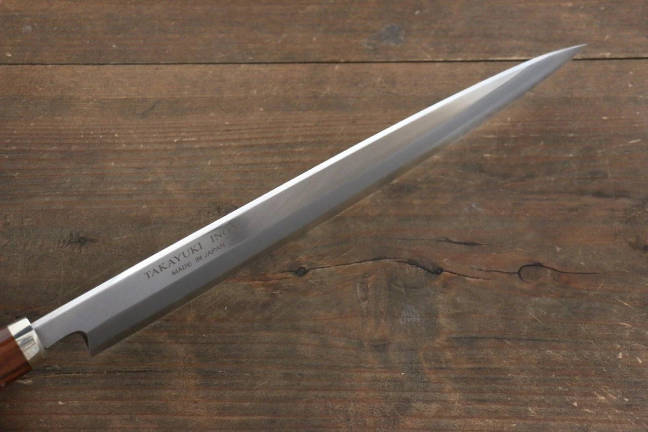 Sakai Takayuki โมลิบดินัม INOX มีด Yanagiba มีดทำครัวญี่ปุ่น ด้ามต้นไอรอนวูดทะเลทราย