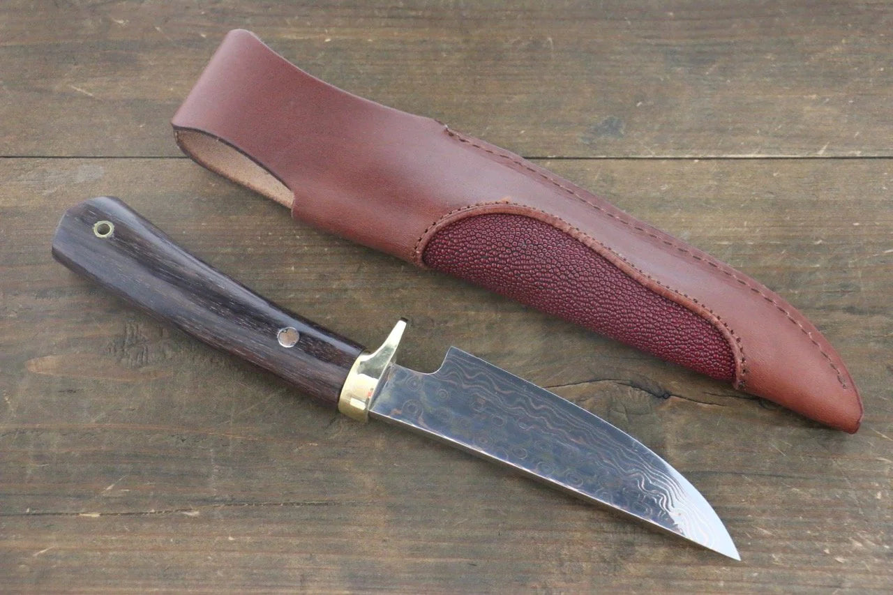 Tsukasa Hinoura White Steel (เหล็กกล้าขาว) No.2 ดามัสกัสสี มีด Hunter มีดทำครัวญี่ปุ่น 135mm ด้ามไม้พลับดำ