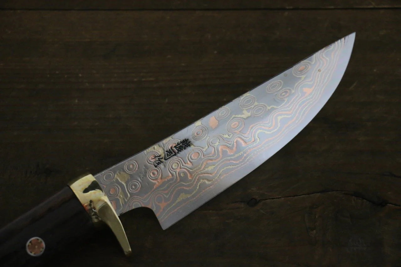 Tsukasa Hinoura White Steel (เหล็กกล้าขาว) No.2 ดามัสกัสสี มีด Hunter มีดทำครัวญี่ปุ่น 135mm ด้ามไม้พลับดำ