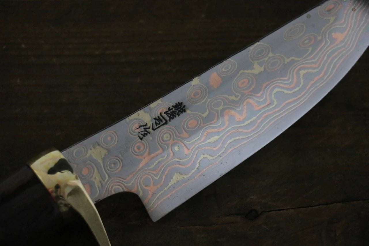 Tsukasa Hinoura White Steel (เหล็กกล้าขาว) No.2 ดามัสกัสสี มีด Hunter มีดทำครัวญี่ปุ่น 135mm ด้ามไม้พลับดำ