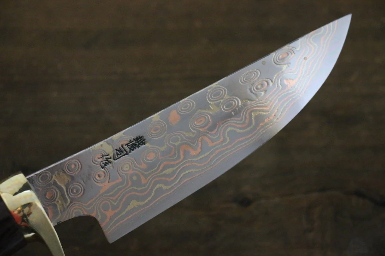 Tsukasa Hinoura White Steel (เหล็กกล้าขาว) No.2 ดามัสกัสสี มีด Hunter มีดทำครัวญี่ปุ่น 135mm ด้ามไม้พลับดำ
