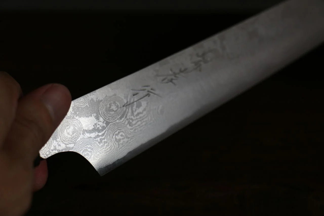 Sakai Takayuki Silver Steel No.3 (เหล็กเงิน No.3) ดามัสกัส มีด Kengata Yanagiba มีดทำครัวญี่ปุ่น 300mm
