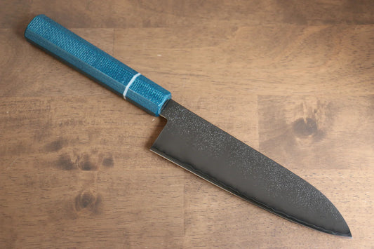 Seisuke VG5 ลายคล้ายผิวลูกสาลี่ ใบมีดย้อมสีดำ มีด Santoku มีดทำครัวญี่ปุ่น 165mm Micarta ด้ามสีแคนวาสน้ำเงิน