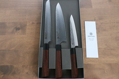 Seki Kanetsugu Heptagon Wood VG2 ลายค้อนตี Set มีดขนาดเล็ก & มีด Gyuto & มีดหั่นขนมปัง มีดทำครัวญี่ปุ่น mm
