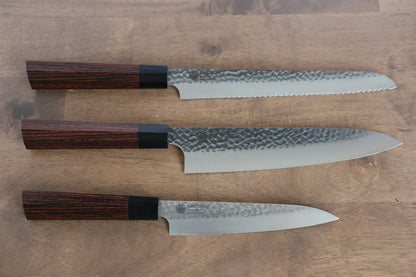 Seki Kanetsugu Heptagon Wood VG2 ลายค้อนตี Set มีดขนาดเล็ก & มีด Gyuto & มีดหั่นขนมปัง มีดทำครัวญี่ปุ่น mm