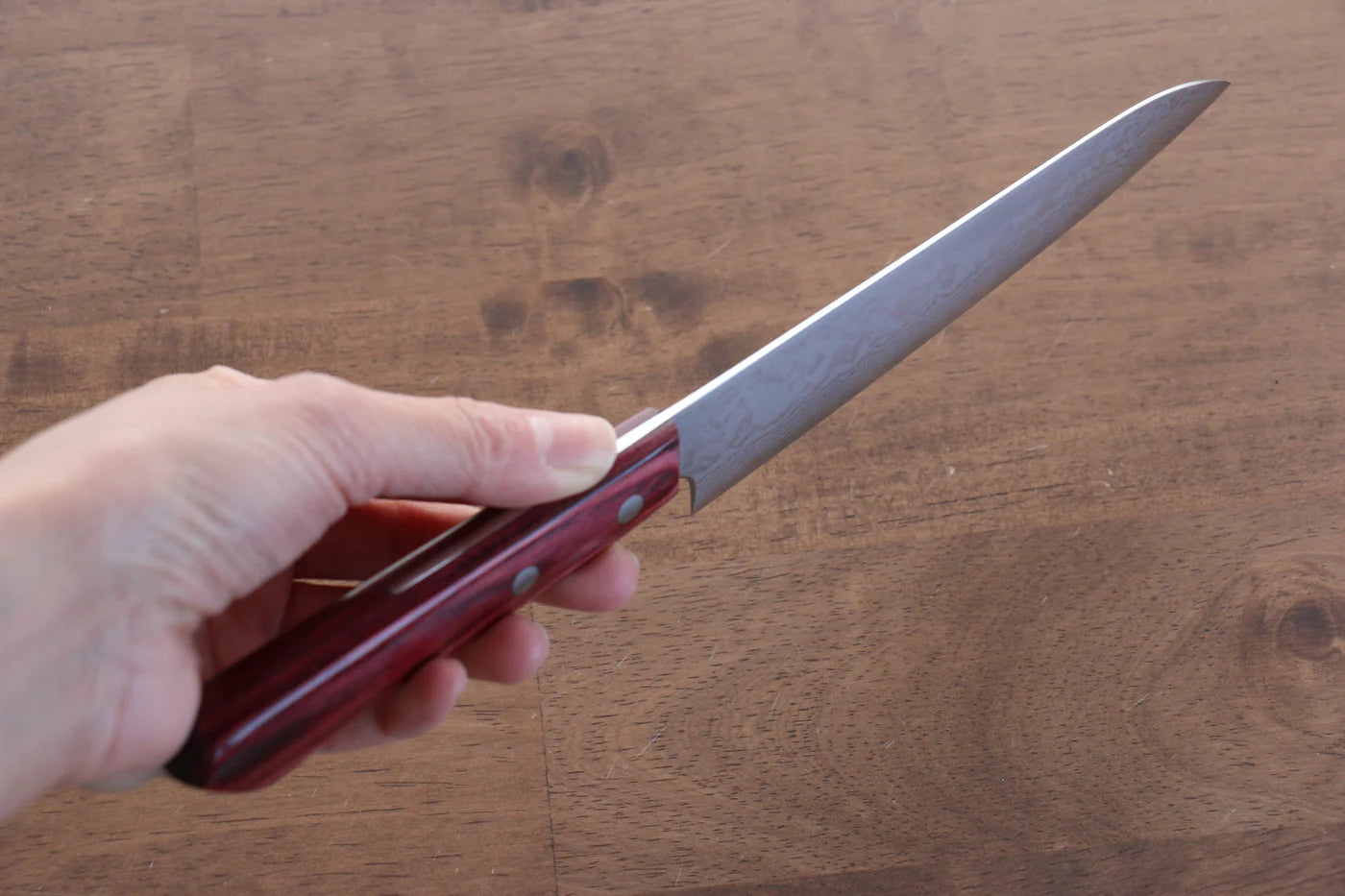 Katsushige Anryu VG10 ดามัสกัส มีดขนาดเล็ก  Petty มีดทำครัวญี่ปุ่น 150mm ด้ามไม้ Pakka wood สีแดง