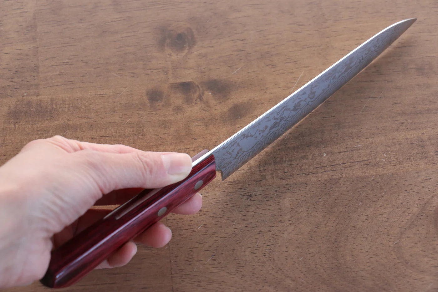 Katsushige Anryu VG10 ดามัสกัส มีดขนาดเล็ก  Petty มีดทำครัวญี่ปุ่น 150mm ด้ามไม้ Pakka wood สีแดง