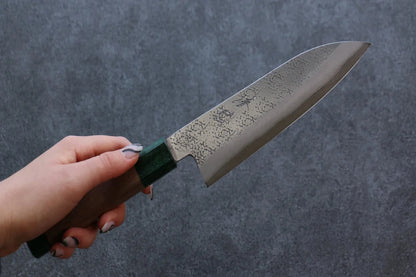 Seisuke Blue Super (บลูซุปเปอร์สตีล) ลายค้อนตี มีด Santoku มีดทำครัวญี่ปุ่น 165mm ด้ามไม้วอลนัท(ประดับไม้ สีเขียว คู่