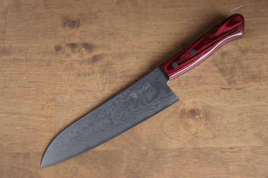 Katsushige Anryu VG10 ดามัสกัส มีด Santoku มีดทำครัวญี่ปุ่น 170mm ด้ามไม้ Pakka wood สีแดง
