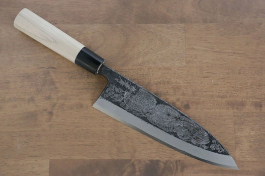 Sakai Takayuki Kasumitogi White Steel (เหล็กกล้าขาว) Kurouchi สลักลายมังกร Ittouryumon มีด Deba มีดทำครัวญี่ปุ่น 210mm ด้ามต้นเเมกโนเลีย