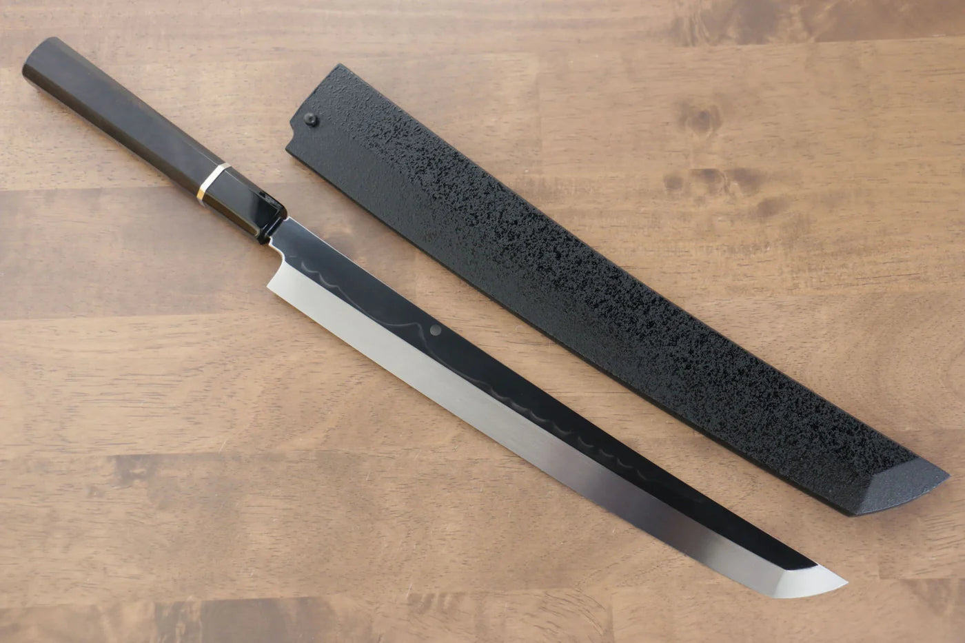 Sakai Takayuki Fujisan White Steel (เหล็กกล้าขาว) No.2 Honyaki มีด Sakimaru Yanagiba มีดทำครัวญี่ปุ่น 300mm ด้ามไม้มะเกลือ (ประดับห่วง) มีฝัก (ปลอก) มีด