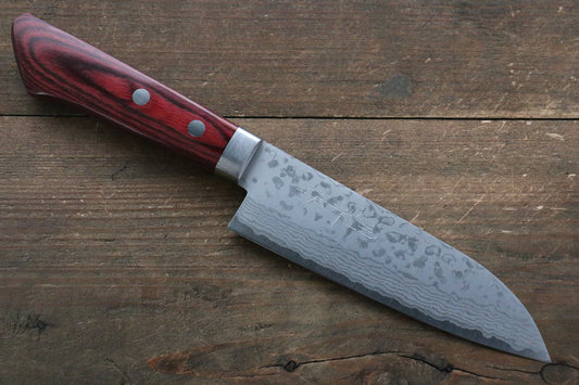 Kunihira Sairyu VG10 ดามัสกัส มีด Santoku ขนาดเล็ก มีดทำครัวญี่ปุ่น 135mm ด้ามไม้ Pakka wood สีแดง