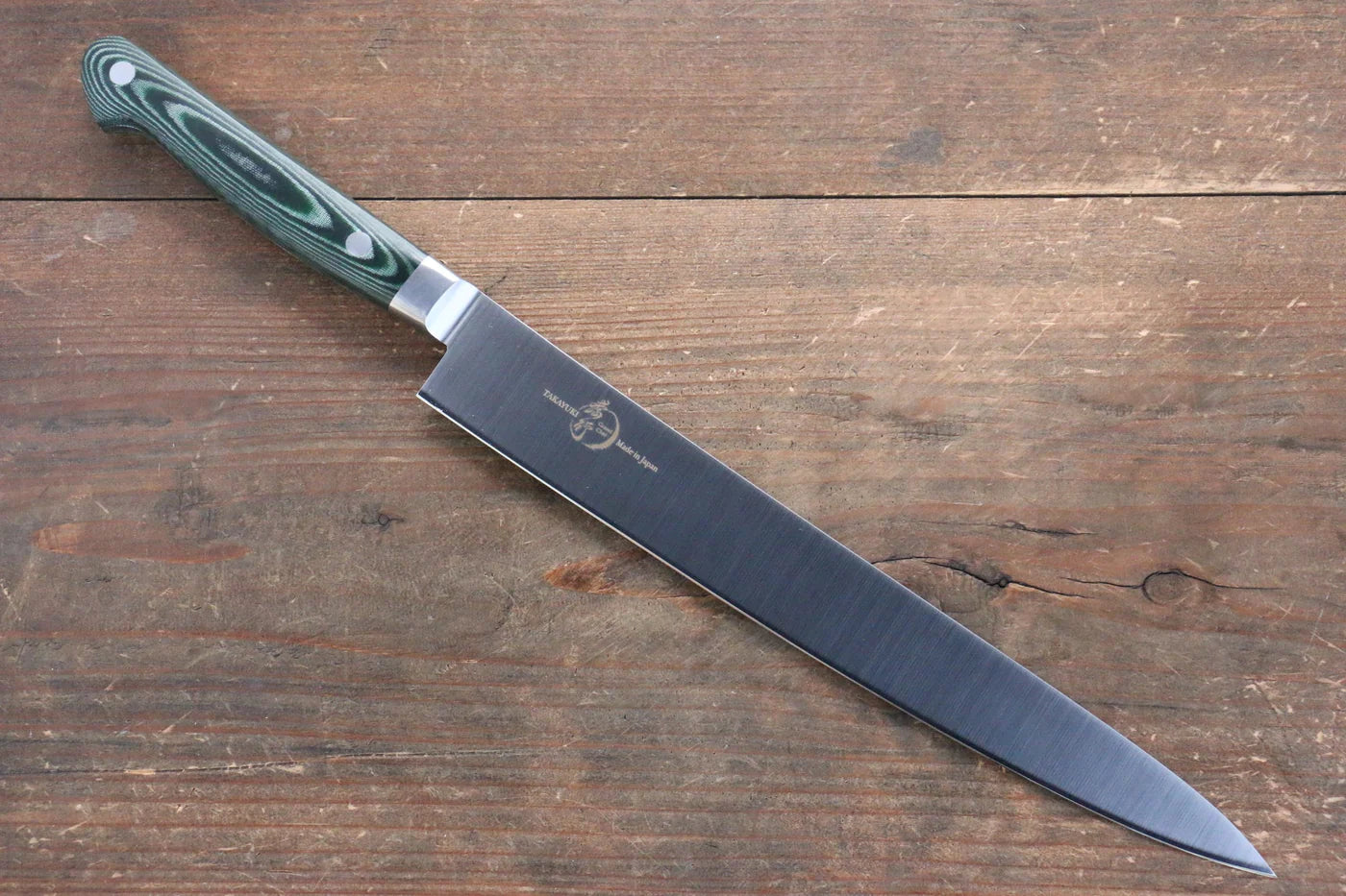 Sakai Takayuki Grand Chef Grand Chef สเเตนเลส มีดเลาะเอ็น Sujihiki มีดทำครัวญี่ปุ่น 240mm ด้าม Micarta เขียว