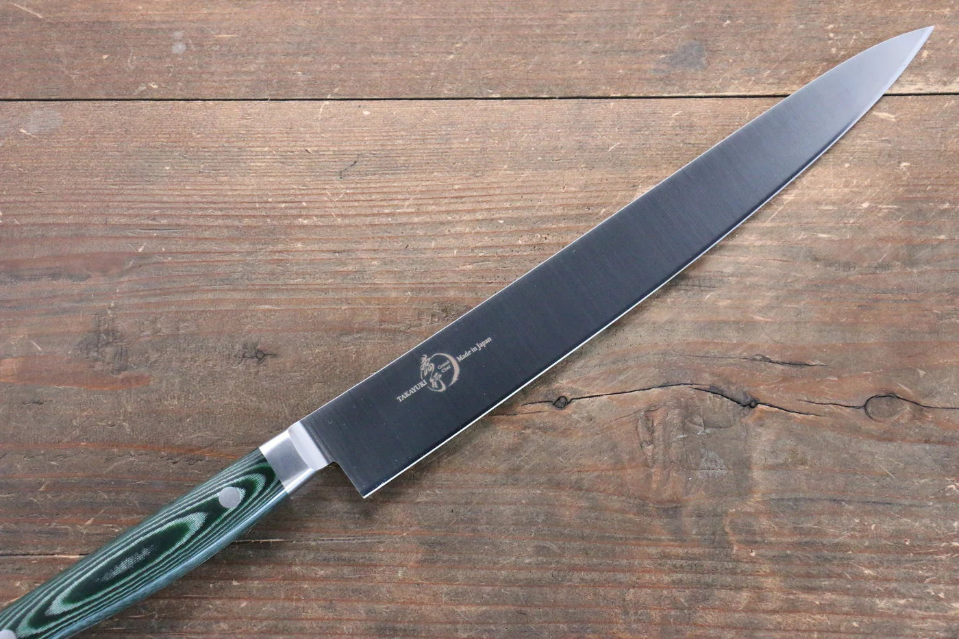 Sakai Takayuki Grand Chef Grand Chef สเเตนเลส มีดเลาะเอ็น Sujihiki มีดทำครัวญี่ปุ่น 240mm ด้าม Micarta เขียว