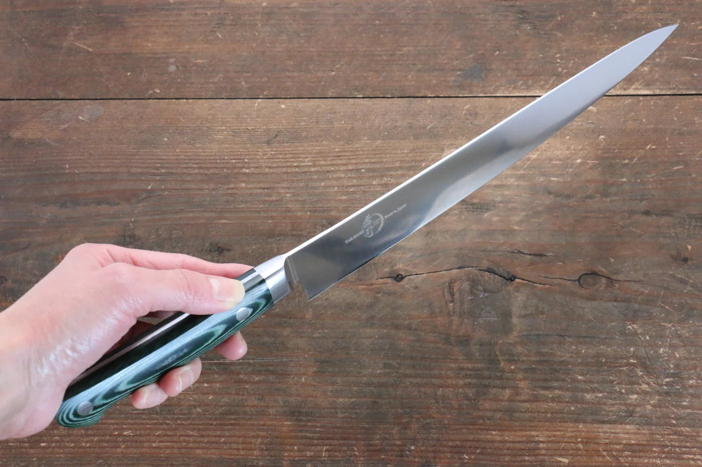 Sakai Takayuki Grand Chef Grand Chef สเเตนเลส มีดเลาะเอ็น Sujihiki มีดทำครัวญี่ปุ่น 240mm ด้าม Micarta เขียว