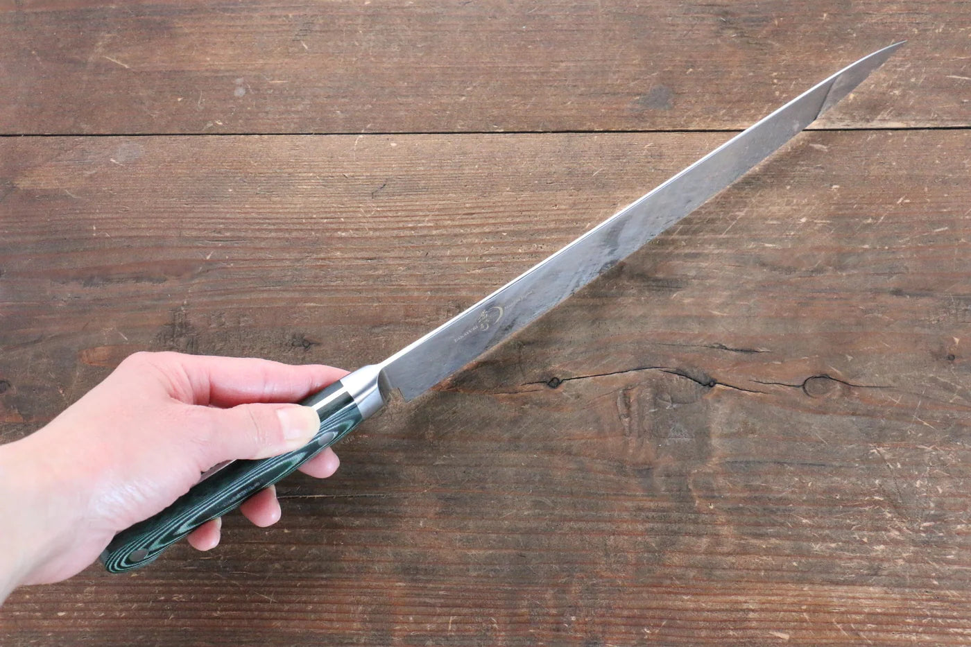 Sakai Takayuki Grand Chef Grand Chef สเเตนเลส มีดเลาะเอ็น Sujihiki มีดทำครัวญี่ปุ่น 240mm ด้าม Micarta เขียว