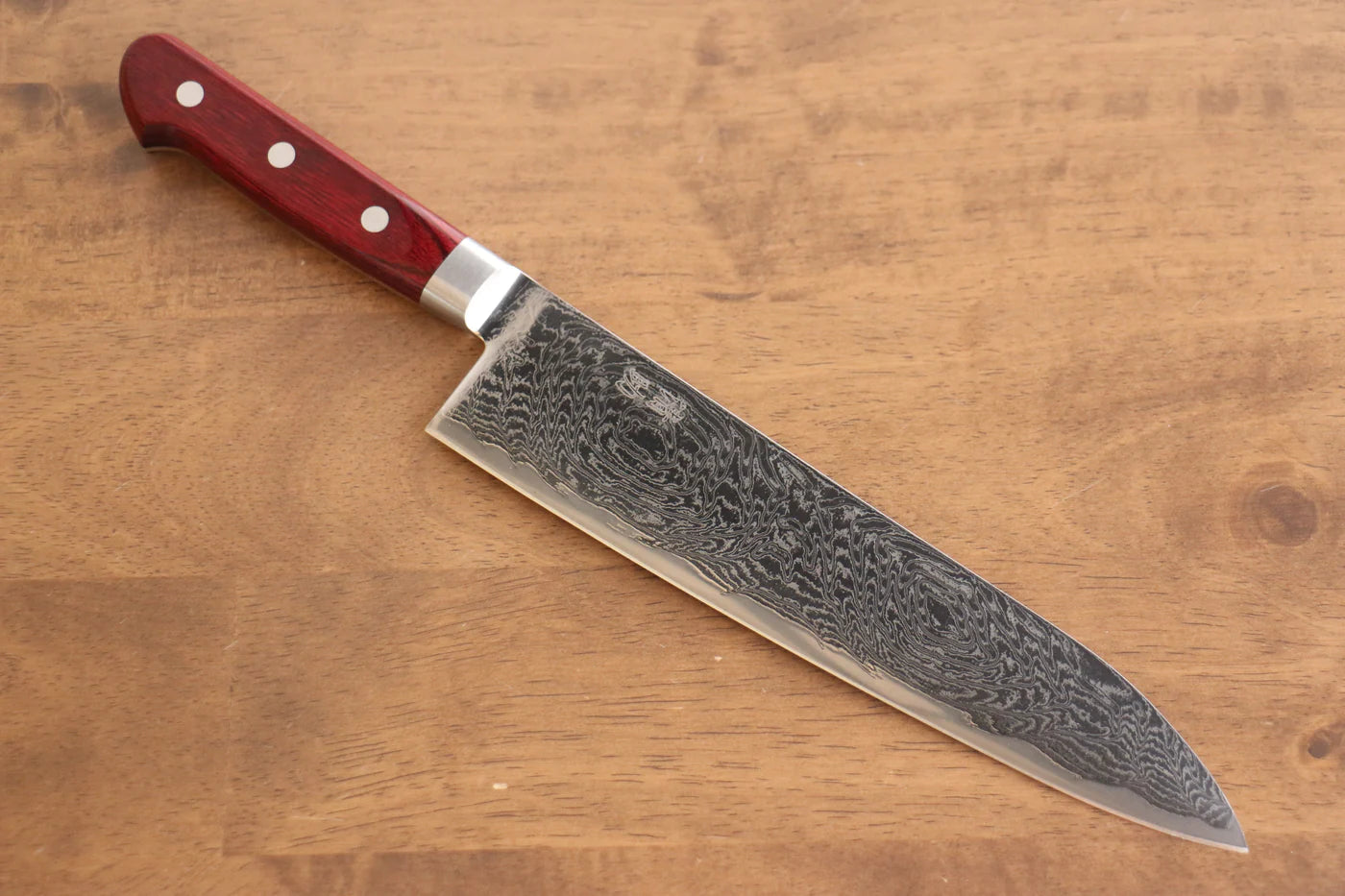 Seisuke Nami AUS10 ขัดขึ้นเงากระจก ลายดามัสกัส มีดกิวโตะ Gyuto มีดทำครัวญี่ปุ่น 210mm ด้ามไม้ Pakka wood สีแดง