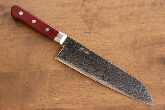 Seisuke Nami AUS10 ขัดขึ้นเงากระจก ลายดามัสกัส มีด Santoku มีดทำครัวญี่ปุ่น 180mm ด้ามไม้ Pakka wood สีแดง