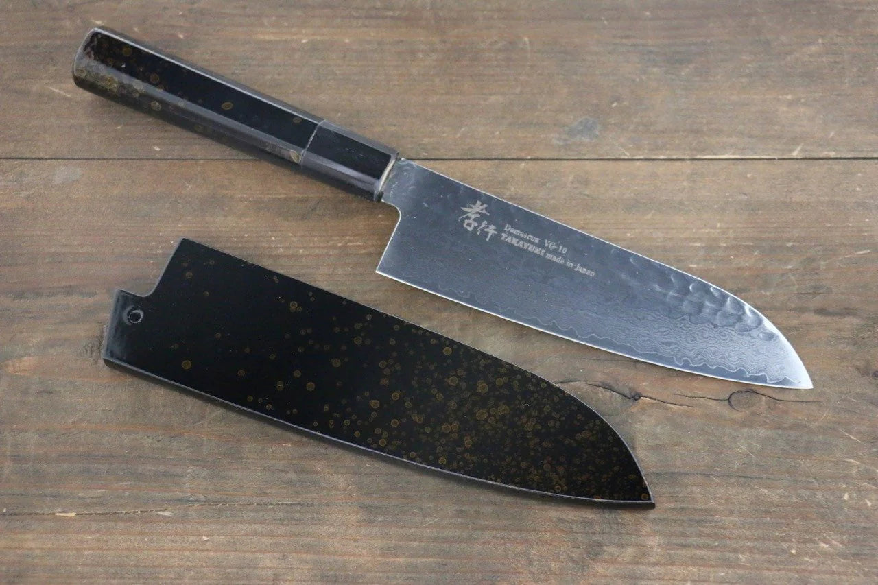 Sakai Takayuki VG10 33 ชั้น ดามัสกัส ลายค้อนตี มีด Santoku มีดทำครัวญี่ปุ่น 170mm ด้ามเคลือบสีทอง มีฝัก (ปลอก) มีด