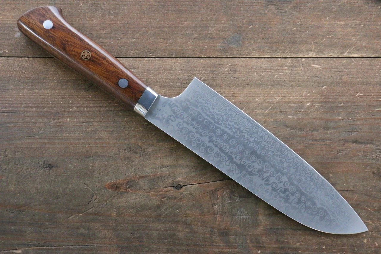 Nao Yamamoto Coreless (ไร้เเกน) ดามัสกัส มีด Santoku มีดทำครัวญี่ปุ่น 170mm ด้ามต้นไอรอนวููด