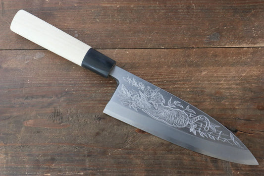 Sakai Takayuki Kasumitogi White Steel (เหล็กกล้าขาว) สลักลายเสือ มีด Deba มีดทำครัวญี่ปุ่น
