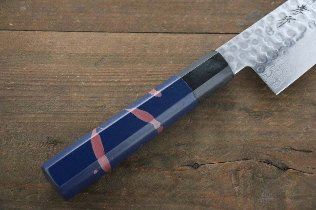 Sakai Takayuki AUS10 ดามัสกัส 45 ชั้น ลายค้อนตี มีดกิวโตะ Gyuto มีดทำครัวญี่ปุ่น 240mm ด้ามเคลือบสีน้ำเงิน มีฝัก (ปลอก) มีด