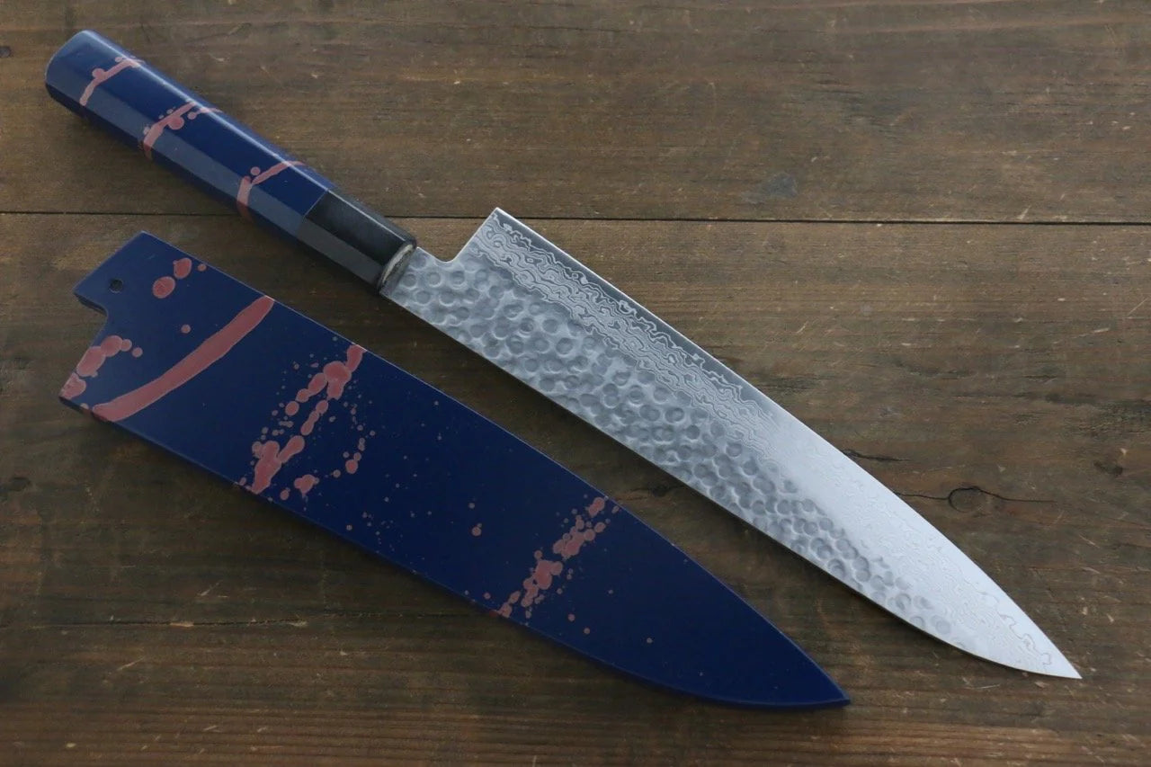 Sakai Takayuki AUS10 ดามัสกัส 45 ชั้น ลายค้อนตี มีดกิวโตะ Gyuto มีดทำครัวญี่ปุ่น 240mm ด้ามเคลือบสีน้ำเงิน มีฝัก (ปลอก) มีด