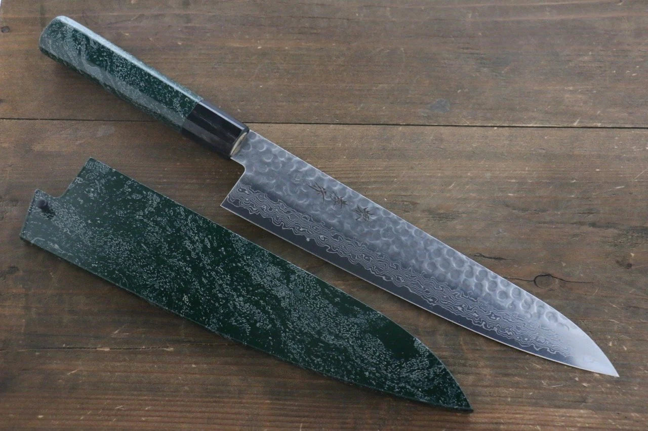 Sakai Takayuki AUS10 ดามัสกัส 45 ชั้น ลายค้อนตี มีดกิวโตะ Gyuto มีดทำครัวญี่ปุ่น 240mm ด้ามเคลือบสีเขียว มีฝัก (ปลอก) มีด