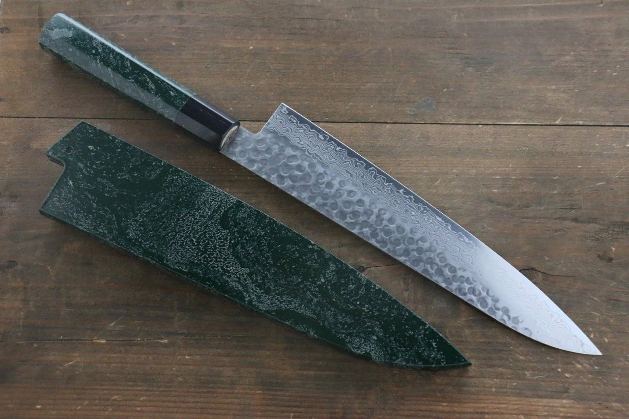 Sakai Takayuki AUS10 ดามัสกัส 45 ชั้น ลายค้อนตี มีดกิวโตะ Gyuto มีดทำครัวญี่ปุ่น 240mm ด้ามเคลือบสีเขียว มีฝัก (ปลอก) มีด