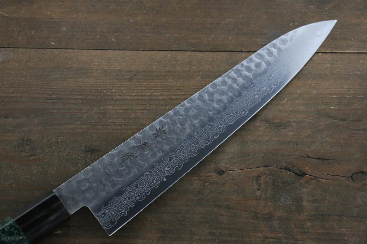 Sakai Takayuki AUS10 ดามัสกัส 45 ชั้น ลายค้อนตี มีดกิวโตะ Gyuto มีดทำครัวญี่ปุ่น 240mm ด้ามเคลือบสีเขียว มีฝัก (ปลอก) มีด