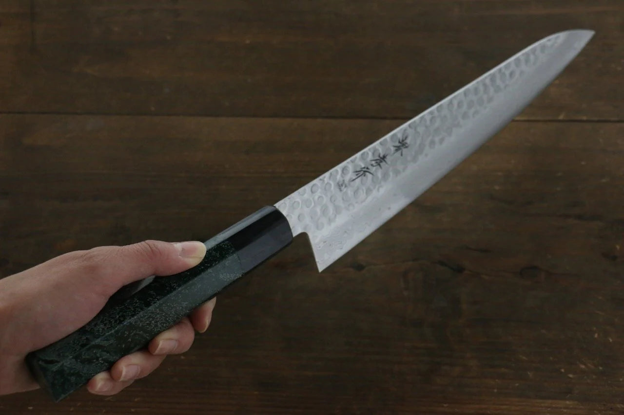 Sakai Takayuki AUS10 ดามัสกัส 45 ชั้น ลายค้อนตี มีดกิวโตะ Gyuto มีดทำครัวญี่ปุ่น 240mm ด้ามเคลือบสีเขียว มีฝัก (ปลอก) มีด