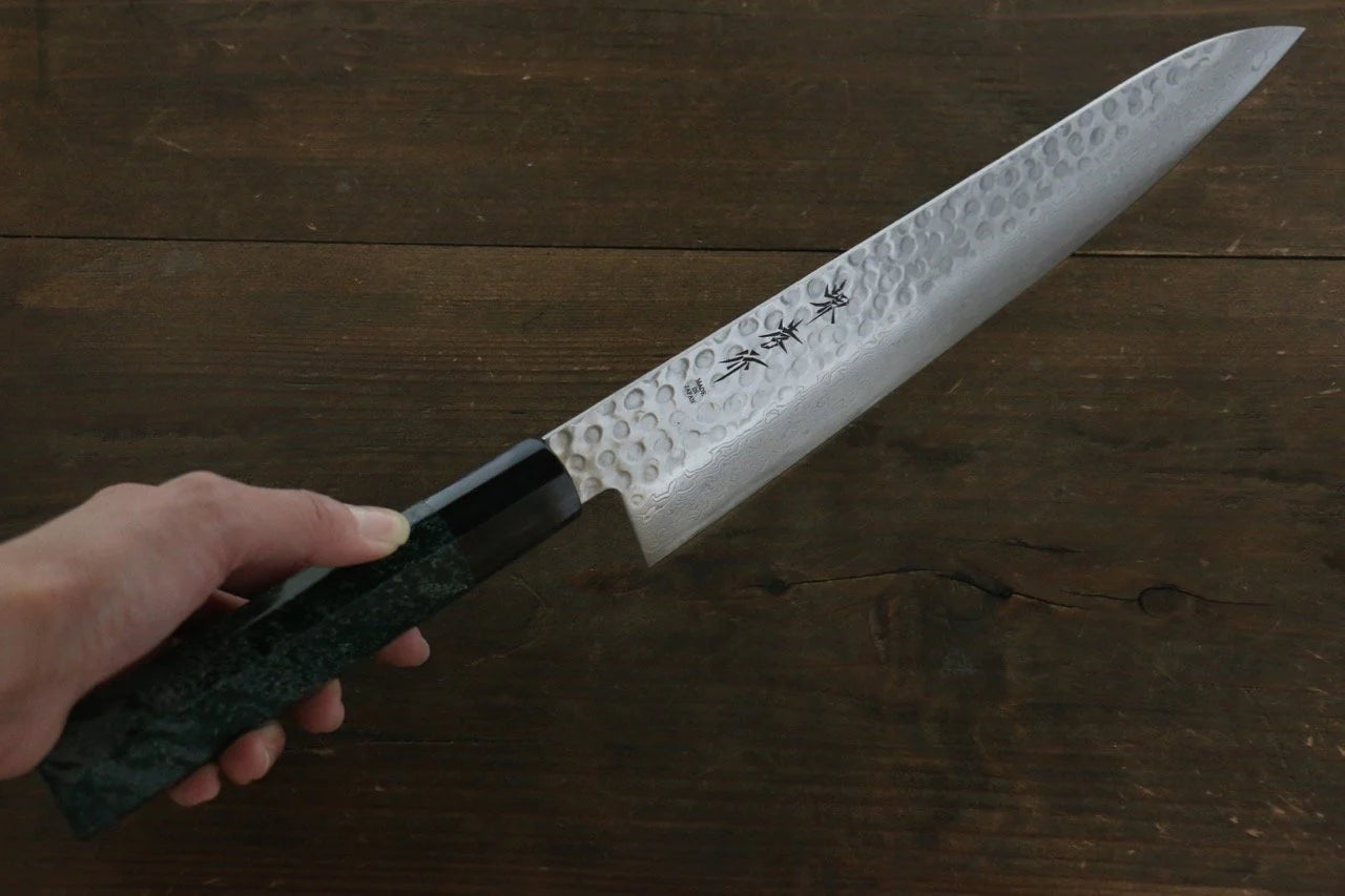 Sakai Takayuki AUS10 ดามัสกัส 45 ชั้น ลายค้อนตี มีดกิวโตะ Gyuto มีดทำครัวญี่ปุ่น 240mm ด้ามเคลือบสีเขียว มีฝัก (ปลอก) มีด