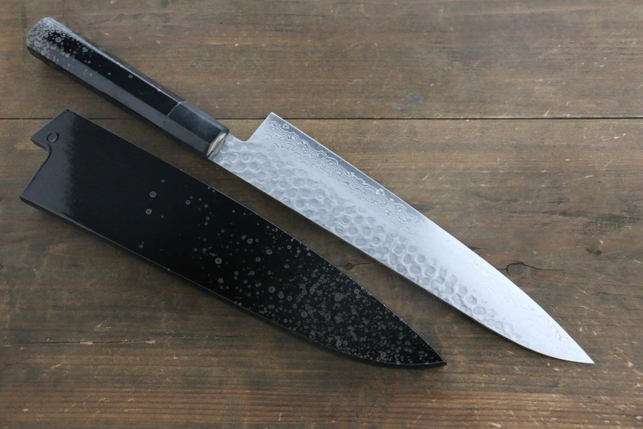 Sakai Takayuki AUS10 ดามัสกัส 45 ชั้น ลายค้อนตี มีดกิวโตะ Gyuto มีดทำครัวญี่ปุ่น 240mm ด้ามเคลือบลายจุดสีเงิน มีฝัก (ปลอก) มีด