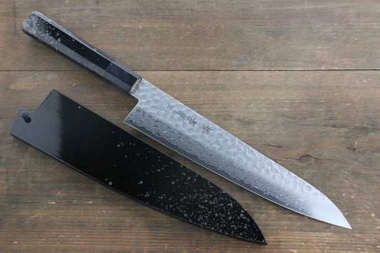 Sakai Takayuki AUS10 ดามัสกัส 45 ชั้น ลายค้อนตี มีดกิวโตะ Gyuto มีดทำครัวญี่ปุ่น 240mm ด้ามเคลือบลายจุดสีเงิน มีฝัก (ปลอก) มีด