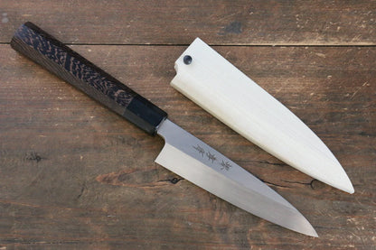 Sakai Takayuki Honyaki White Steel (เหล็กกล้าขาว) No.2 มีดเเกะลายใบไม้สำหรับประดับ Baran มีดทำครัวญี่ปุ่น 120mm ด้ามไม้เวงเก้ มีฝัก (ปลอก) มีด