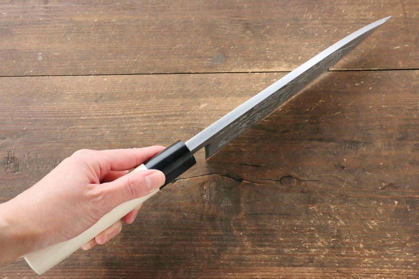 Sakai Takayuki Kasumitogi White Steel (เหล็กกล้าขาว) สลักลายปลาหมึกยักษ์ มีด Deba มีดทำครัวญี่ปุ่น ด้ามต้นเเมกโนเลีย