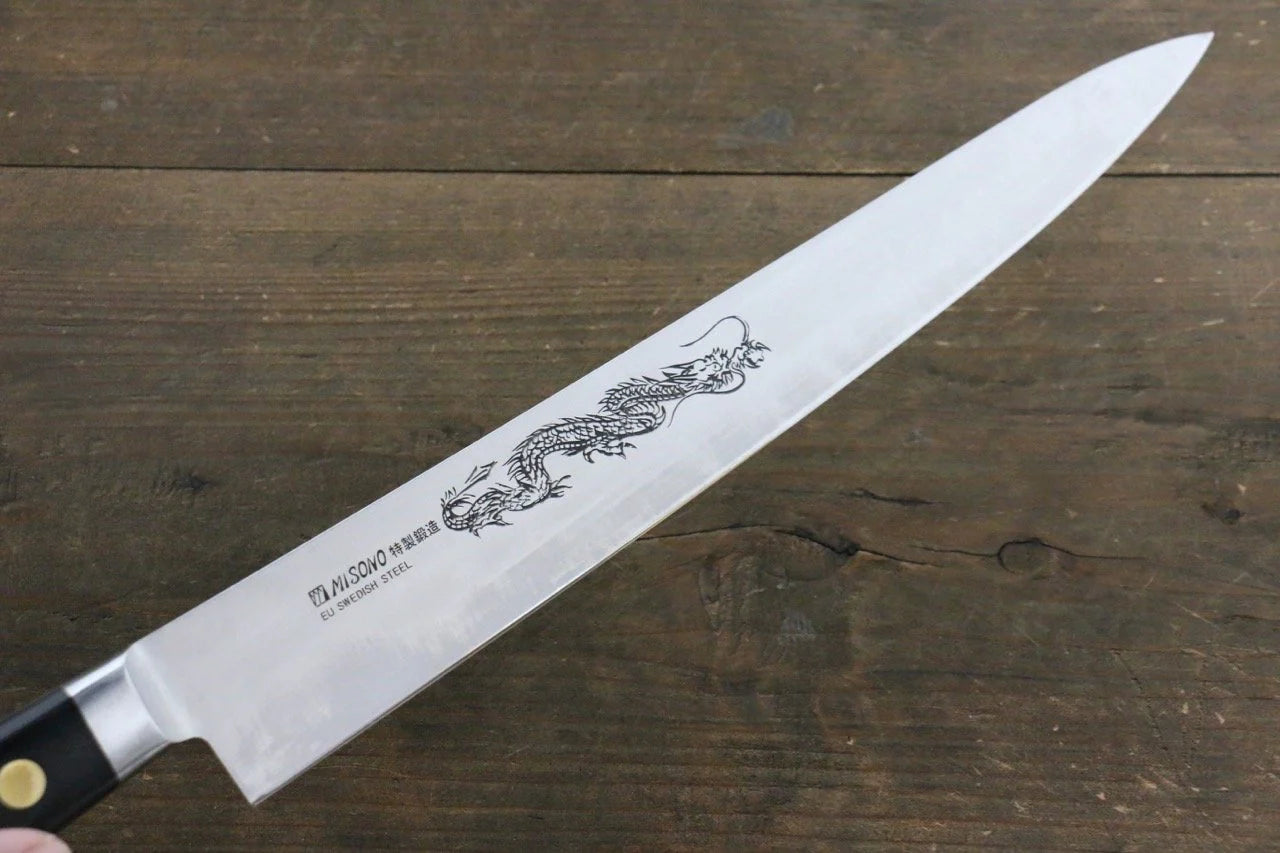 Misono Swedish Steel (เหล็กสวีเดน) สลักลายมังกร มีดเลาะเอ็น Sujihiki มีดทำครัวญี่ปุ่น