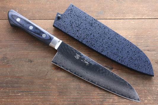 Seisuke Seiun VG10 33 ชั้น ดามัสกัส มีด Santoku มีดทำครัวญี่ปุ่น 180mm ด้ามไม้ Pakka wood สีน้ำเงิน มีฝัก (ปลอก) มีด
