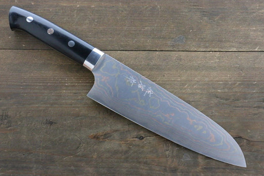 Takeshi Saji Blue Steel (บลูสตีล) No.2 ดามัสกัสสี มีด Santoku มีดทำครัวญี่ปุ่น 180mm ด้าม Micarta ดำ