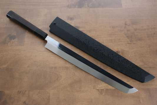 Sakai Takayuki Water Quenching Honyaki White Steel (เหล็กกล้าขาว) No.2 ขัดขึ้นเงากระจก มีด Sakimaru Yanagiba มีดทำครัวญี่ปุ่น 300mm ด้ามไม้มะเกลือ (ประดับห่วงคู่เขาควาย) มีฝัก (ปลอก) มีด