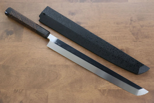 Sakai Takayuki Water Quenching Honyaki White Steel (เหล็กกล้าขาว) No.2 ขัดขึ้นเงากระจก มีด Sakimaru Yanagiba มีดทำครัวญี่ปุ่น 300mm ด้ามไม้เวงเก้ ประดับห่วงเขาควายคู่ มีฝัก (ปลอก) มีด