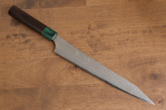 Yu Kurosaki Senko Ei R2/SG2 ลายค้อนตี มีดเลาะเอ็น Sujihiki มีดทำครัวญี่ปุ่น 240mm ด้ามไม้พะยูง (เฟอร์รูล: ไม้ Pakka wood สีเขียว)