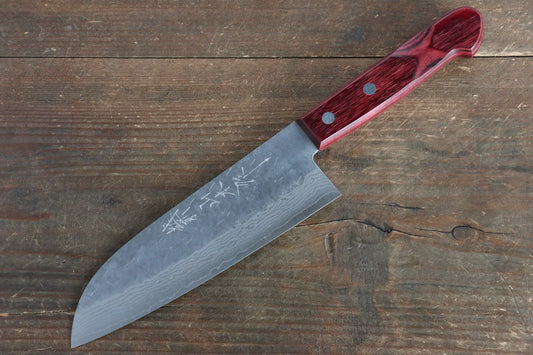 Nao Yamamoto VG10 ดามัสกัส ลายค้อนตี มีด Santoku มีดทำครัวญี่ปุ่น 170mm ด้ามไม้ Pakka wood สีแดง