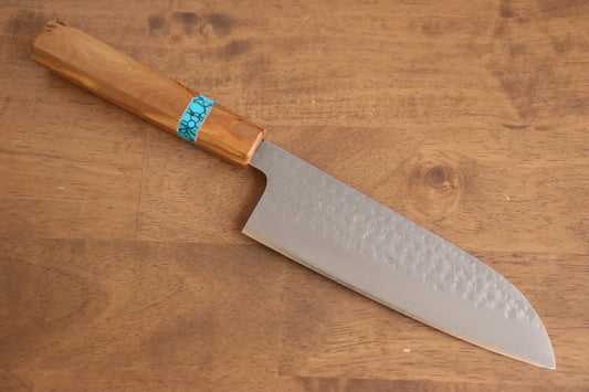 Yu Kurosaki Senko R2/SG2 ลายค้อนตี มีด Santoku มีดทำครัวญี่ปุ่น 165mm ด้ามต้นโอลีฟ(เฟอร์รูล : เทอร์คอยซ์ประดับห่วง)