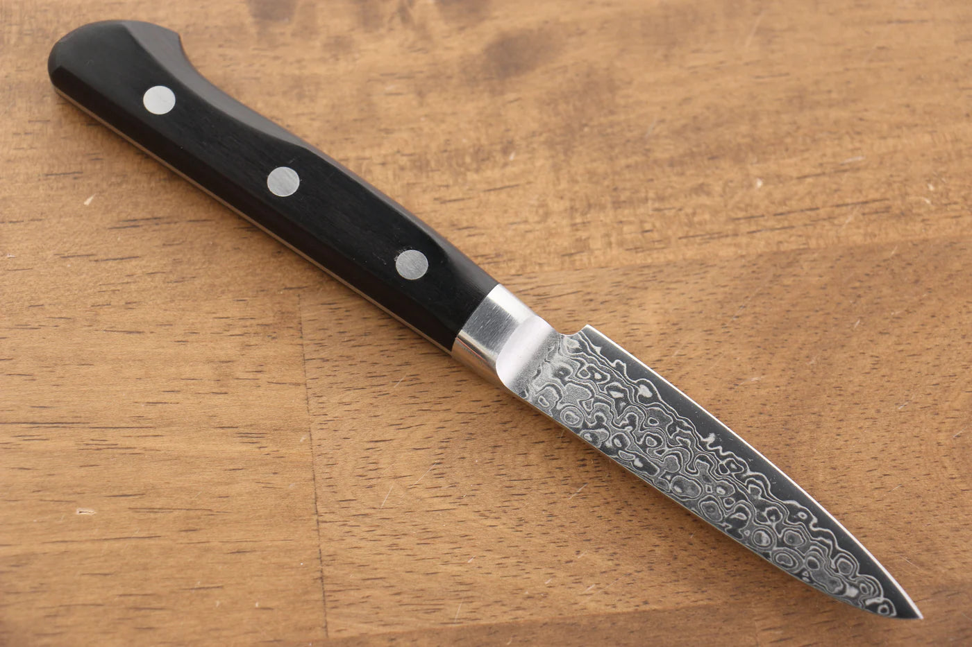 Seisuke Kagami AUS10 ขัดขึ้นเงากระจก ลายดามัสกัส มีดขนาดเล็ก  Petty มีดทำครัวญี่ปุ่น 80mm ด้ามไม้ Pakka wood สีดำ