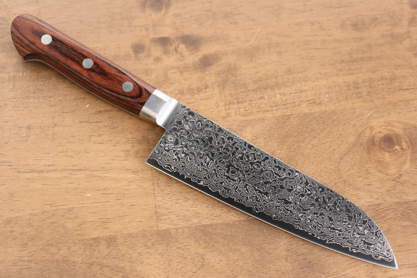Seisuke Mokusei ZA-18 ขัดขึ้นเงากระจก ลายดามัสกัส มีด Santoku มีดทำครัวญี่ปุ่น 170mm ด้ามไม้ Pakka wood สีน้ำตาล
